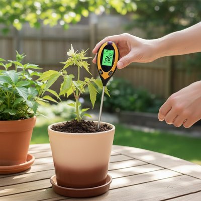 Humidimètre électronique avec écran vert lumineux planté dans terre