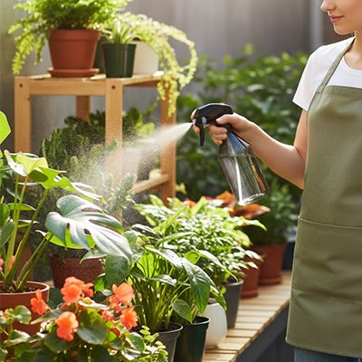 Pulverisateur utilisé par femme sur plantes déposé sur étagère dans pépinière