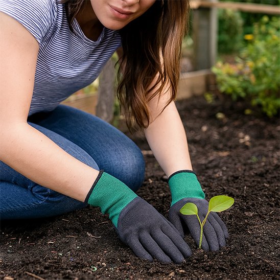 femme qui jardine avec Gants jardinage avec jeune plante