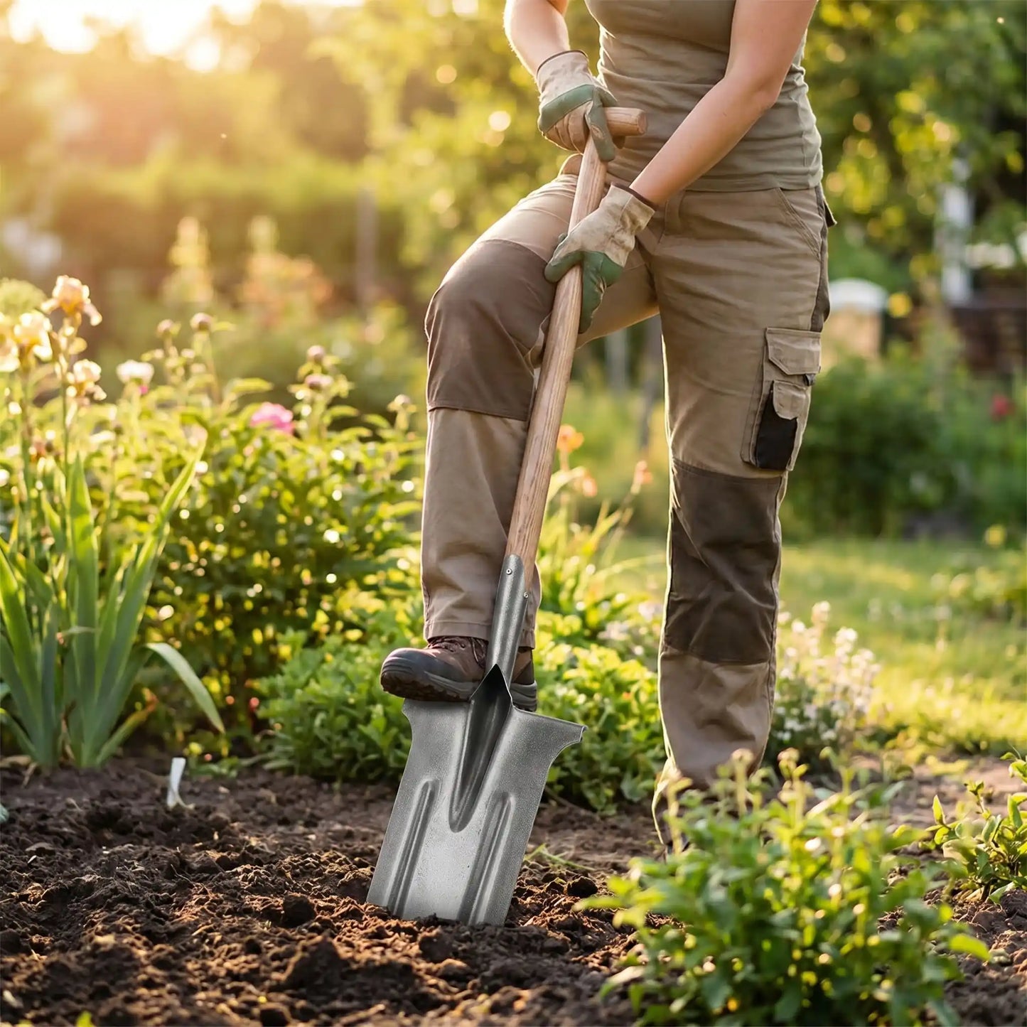femme utilisant la beche a l'envers
