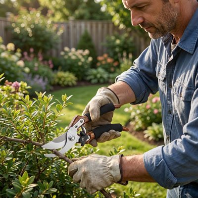 homme utilise secateur pour arbuste
