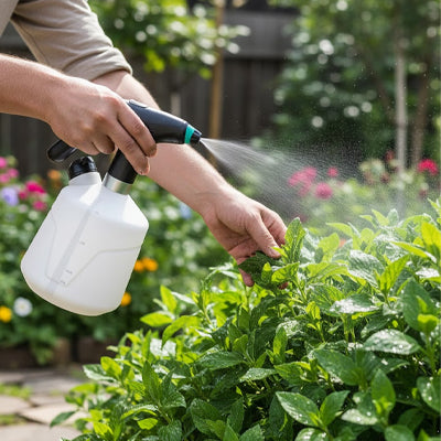 main arrosant plante verte avec pulverisateur electrique