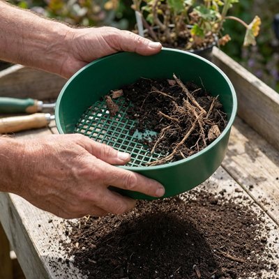 main brasse tamis jardinage avec racine plantes