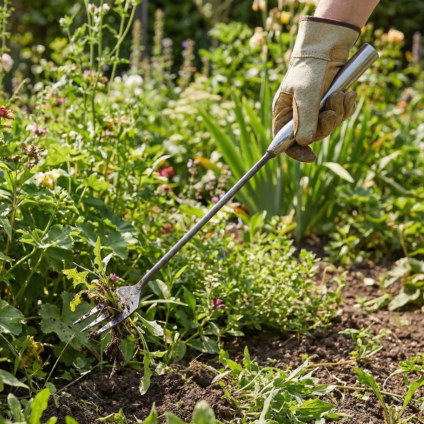 main tenant outil de jardinage binette mauvaises herbes pris dans dents