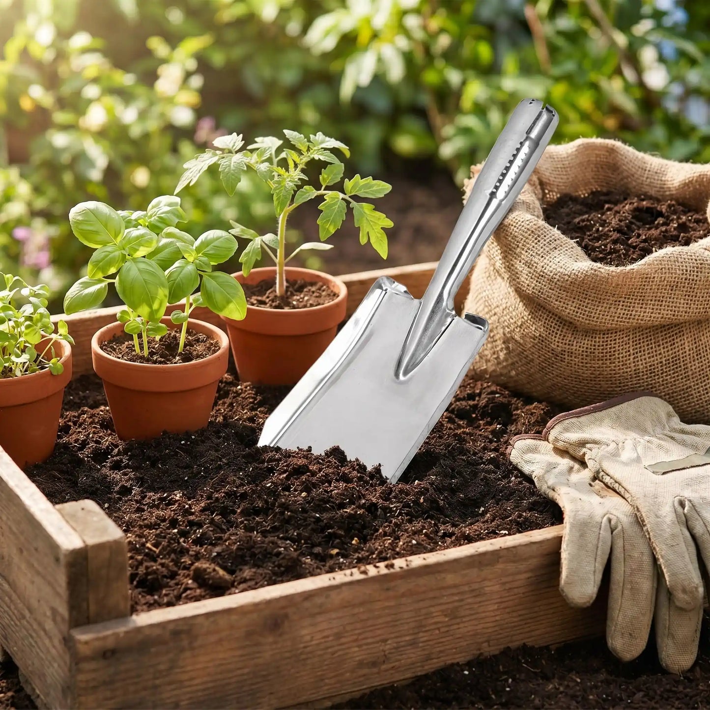 pelles jardinage plante avec basilic