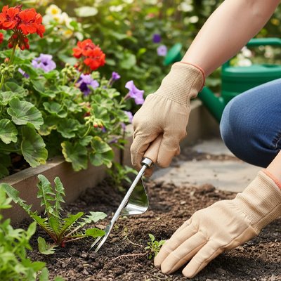 personne qui jardine avec son arrache mauvaise herbe