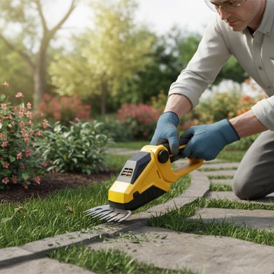 Taille haie electrique utilisé pour couper herbes entre les dalles