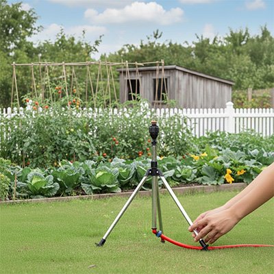 Arroseur oscillant déposer sur gazon vert devant jardin