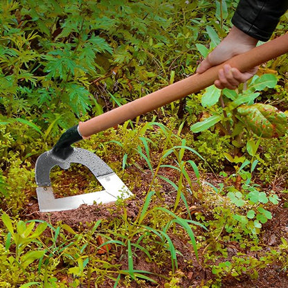 Binette de jardinage creuse avec long manche en bois et lame creuse parmi mauvaises herbes

