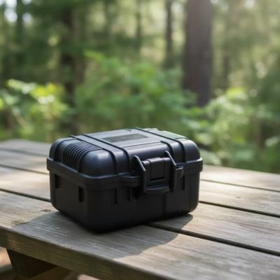Boite a outils fermé déposer sur table devant forêt