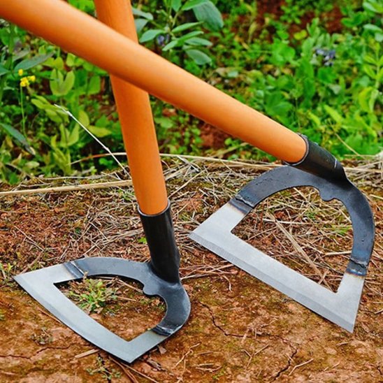Deux binettes de jardinage creuses posées sur le sol en croisé

