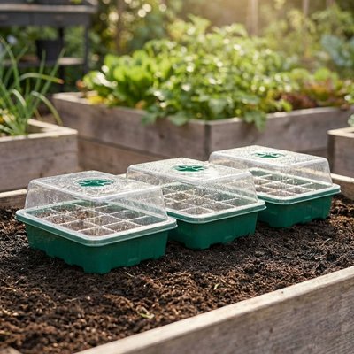 Deux mini serres de jardin jaunes avec couvercles, posées côte à côte, contenant de jeunes pousses