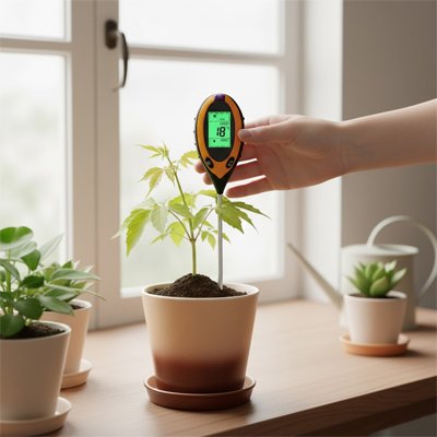 Humidimètre​ avec écran vert lumineux planté dans terre