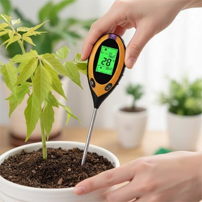 Humidimètre​ planté dans pot de plante verte tenu par main