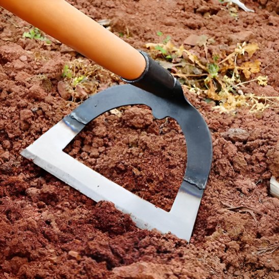 Lame creuse de binette de jardinage posée sur une terre brun rougeâtre

