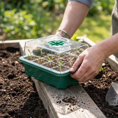 Mini serre de jardin déposée par les mains terreuse et ganté d'une personne sur un carré de jardin en bois, à l'extérieur au soleil

