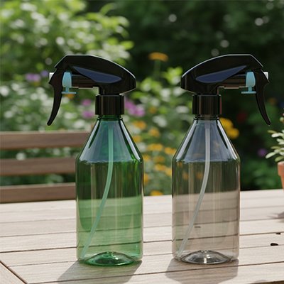 Pulverisateur gris vert déposé sur table extérieur
