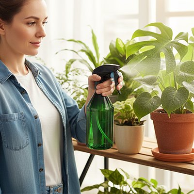 Pulverisateur utilisé par femme sur  plantes déposé sur étagère devant fenêtre