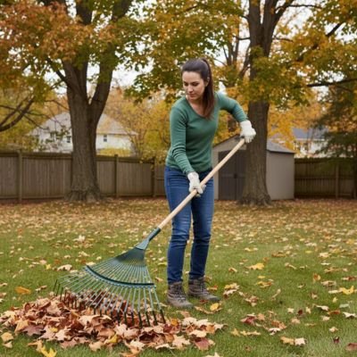 Rateau a feuille jeune femme racle feuilles sur grand terrain boisé