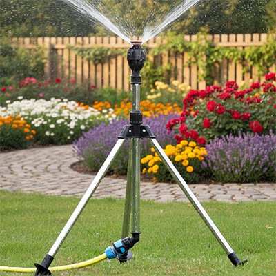 arroseur oscillant devant jardins fleurs 