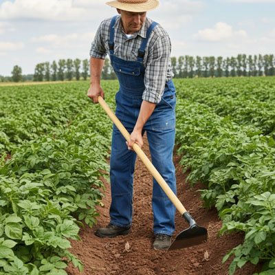 binette jardinage homme champs entre rangs plantes vertes