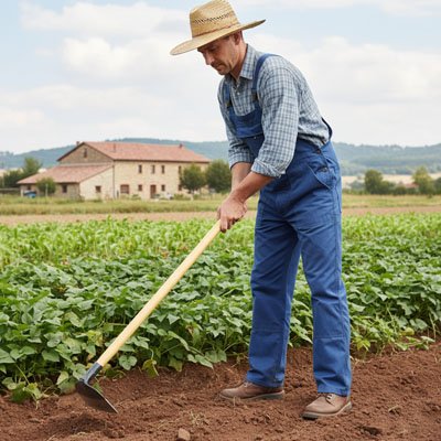 binette jardinage homme-chapeau-salopette-champs entre rangs plantes vertes 