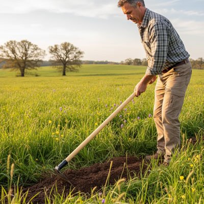 binette jardinage sur manche de bois homme dans champs herbes vertes