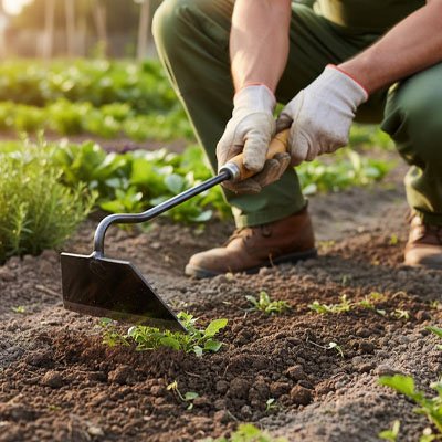 binette lame pleine manche court bois tenu homme accroupi mauvaises herbes jardin
