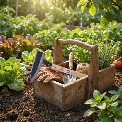 binette outil de jardinage dans panier bois avec autre outils