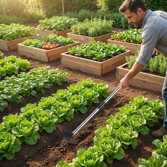 binettes outil de jardinage homme legerement penche entre rang salade avec carre jardin derrier