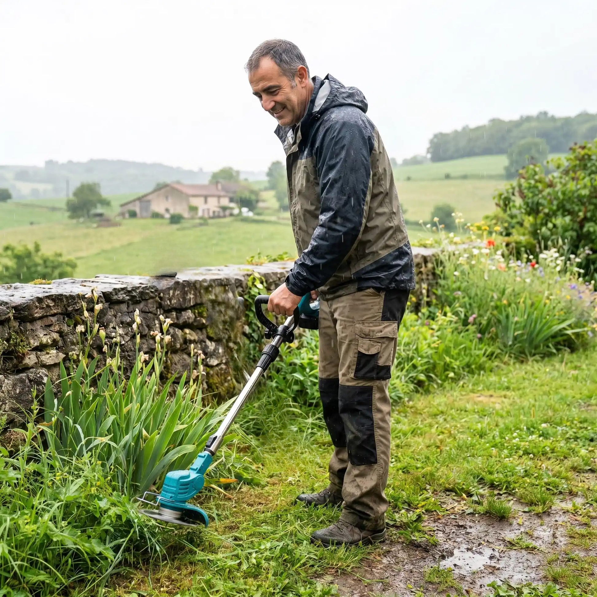 coupe bordure utilise homme avec pluie fine 