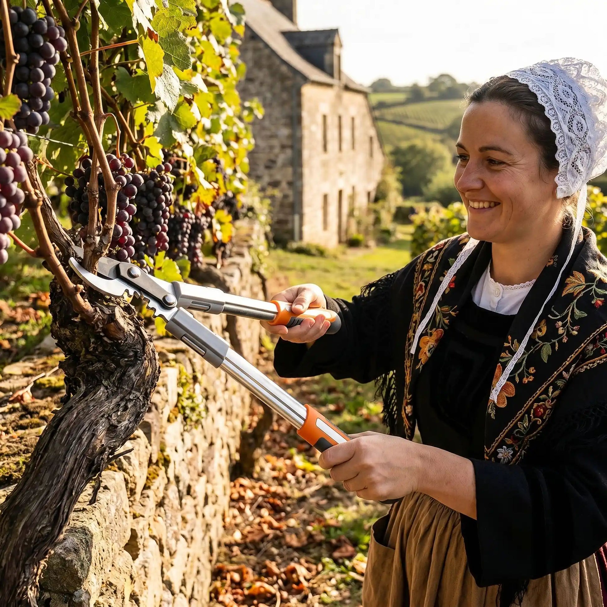 coupe branche utilise par femme bretonne avec bonnet coupe vigne