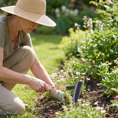 femme desherbe binette outil de jardinage accoupie dans jardin