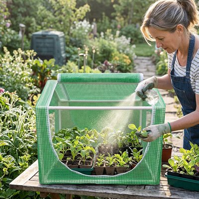 femme arosant plantes dans Mini serre de jardin