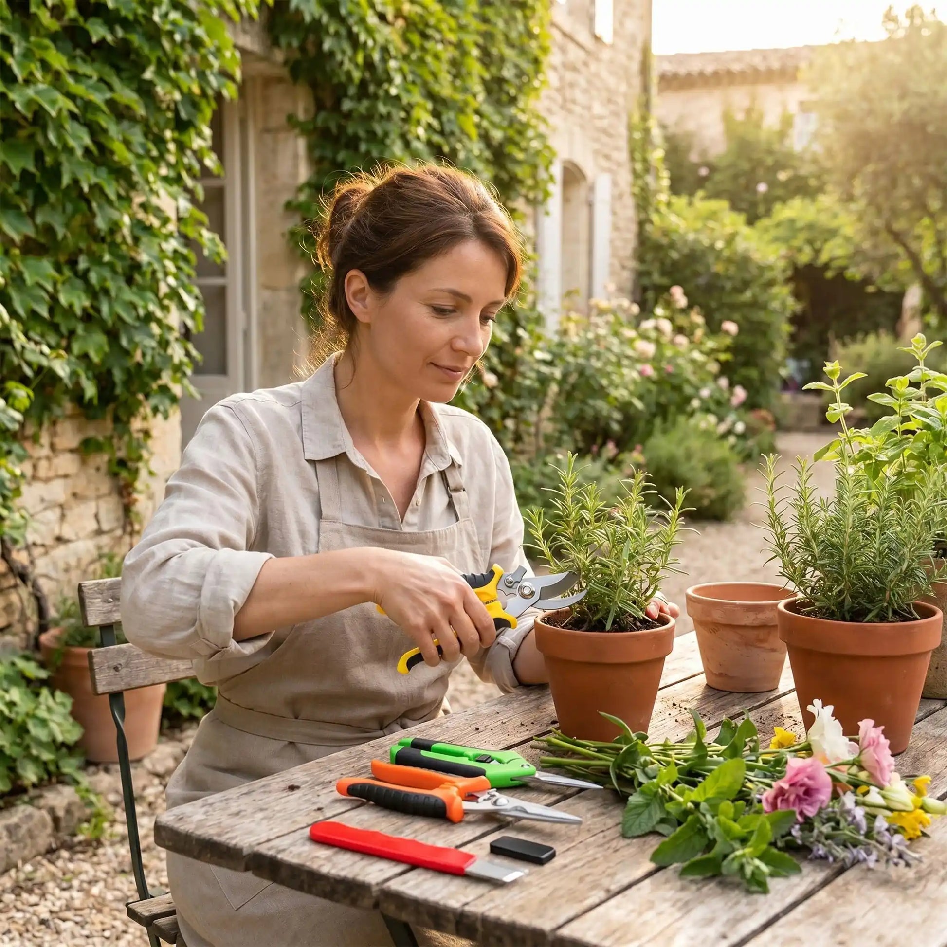 femme assise cour arriere utilisant sécateur plantes