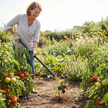 femme desherbe houe de jardin entre rang tomate