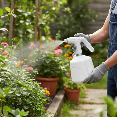 femme en salopette arrosant fleur avec pulverisateur electrique vue de proche