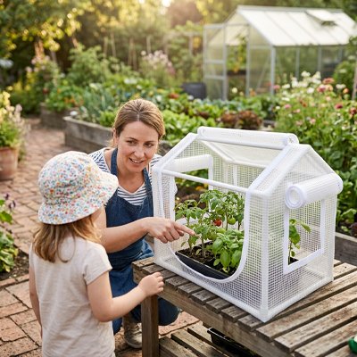 femme et enfants découvant plantes dans Mini serre de jardin