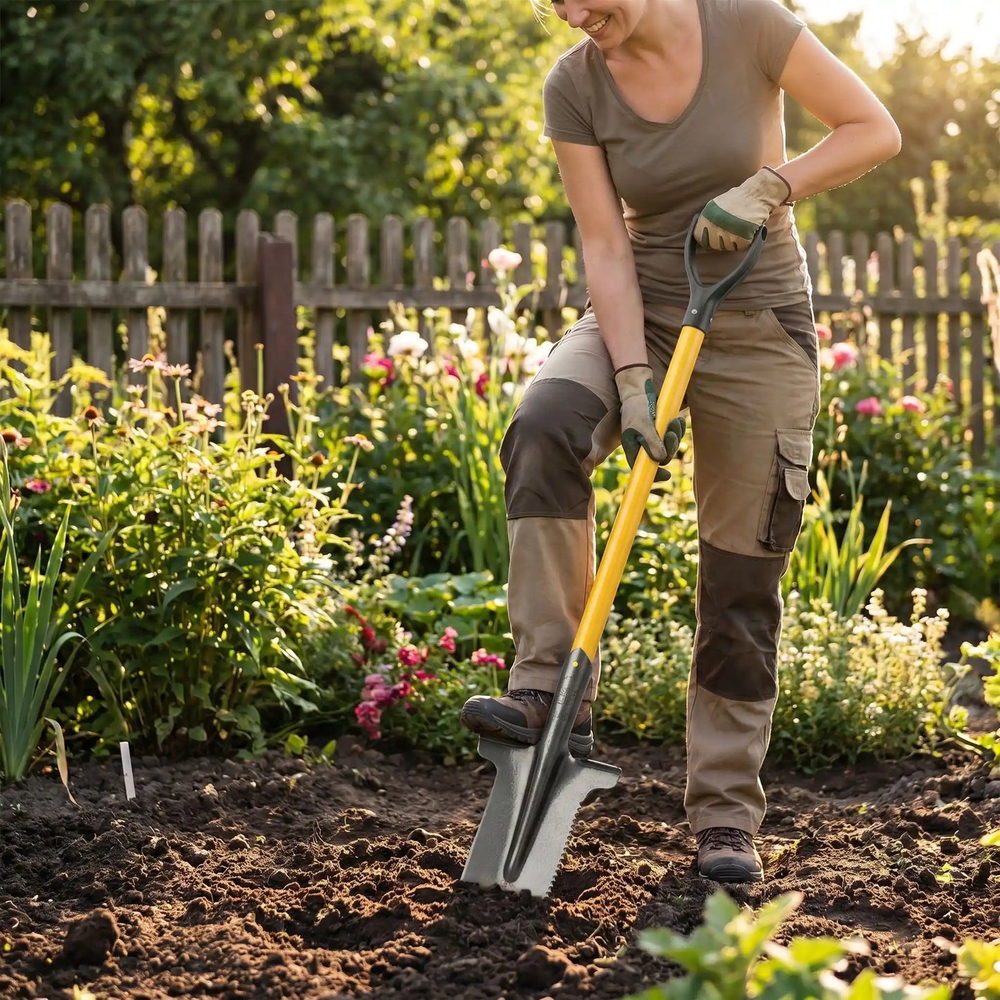 femme qui bêche son jardin