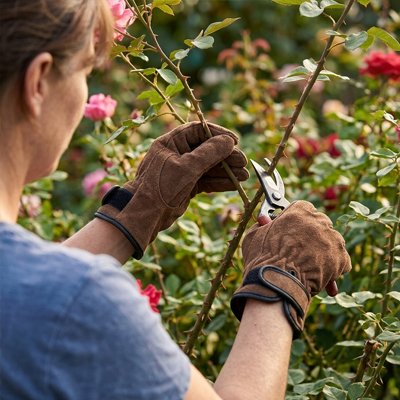 femme qui coupe rosier avec Gant jardinage