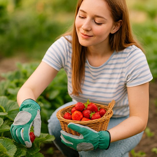femme qui cueille fraises avec Gants de jardinage 