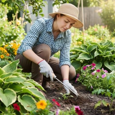 femme qui jardine accroupie avec outil de désherbage