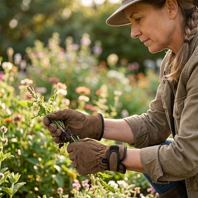 femme qui jardine avec Gant jardinage marron