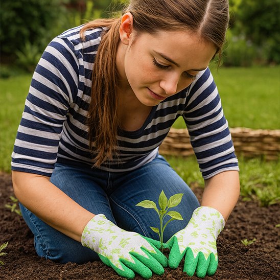 femme qui jardine avec Gants de jardinage et plante un jeune plant
