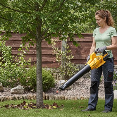 femme qui jardine avec Souffleur feuille 