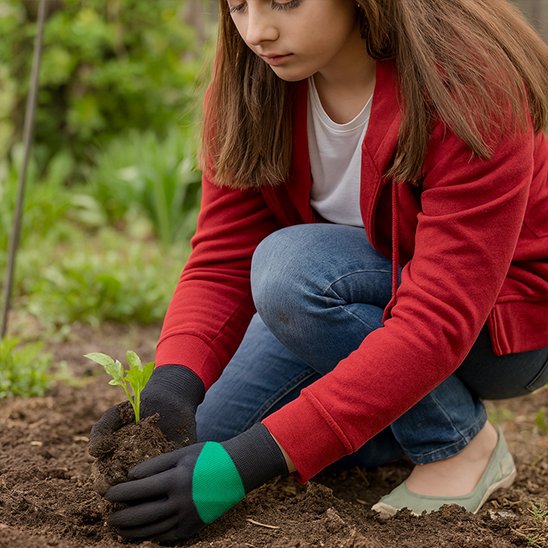 femme qui met en terre plantes avec Gants jardinage