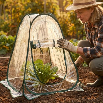 femme qui vérifie sa plante dans la Mini serre de jardin 