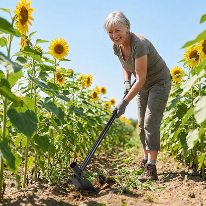 femme retraite nante desherbe binette jardin entre rang  tournesol