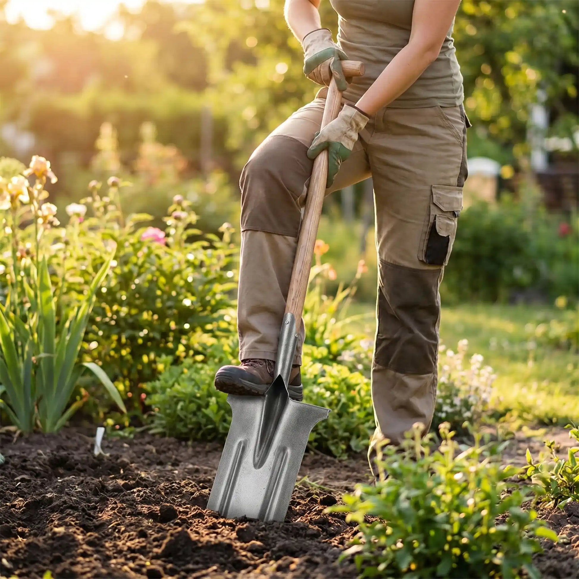 femme utilisant la beche a l'envers