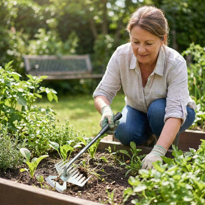 femme utilise binettes outils de jardinage onze dents desherbe carre jardin